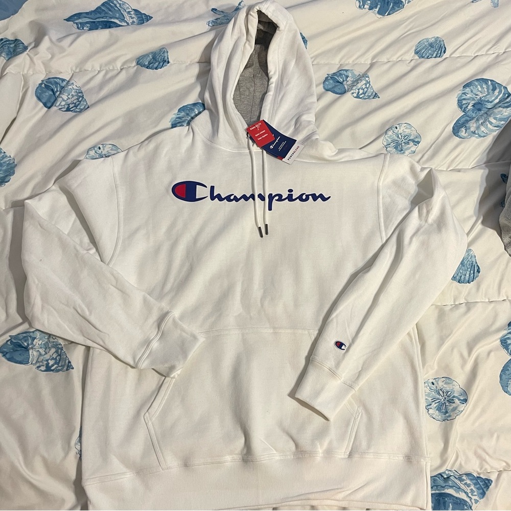 NWT Champion White Powerblend Script Logo Pullover Hoodie Sweatshirt Men XL
